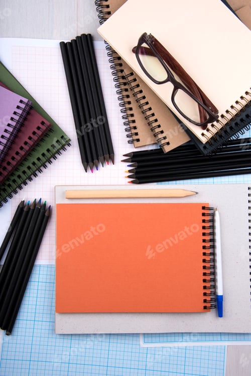 Preview: ↟ School stationery, flat lay with space for text. Back to school. Assortment of office supplies