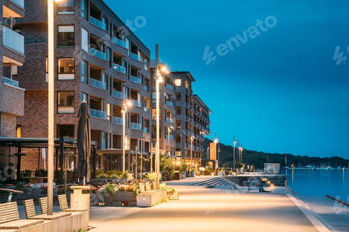 Preview: Oslo, Norway. Night View Embankment And Residential Multi-storey House On Sorengkaia Street In Gamle