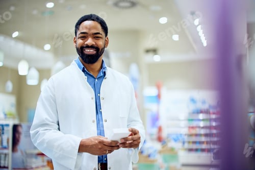 Preview: Smiling Pharmacist in Professional Attire at Modern Drugstore Counter