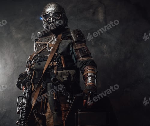 Preview: Military survivor with shield and gas mask in dark background