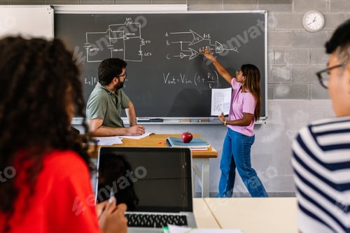 Preview: Hispanic latin young female student explaining project at high school