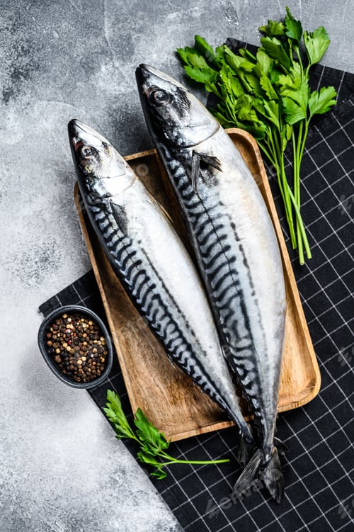Preview: Raw mackerel fish with parsley and pepper. Fresh seafood. Gray background. Top view