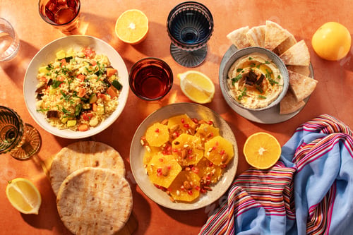 Preview: Halal Moroccan iftar with chicken tagine, vegetable couscous, orange salad, and eggplant dip