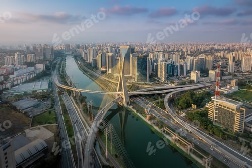 Preview: Octavio Frias de Oliveira Bridge (Ponte Estaiada) over Pinheiros River at sunset - Sao Paulo, Brazil