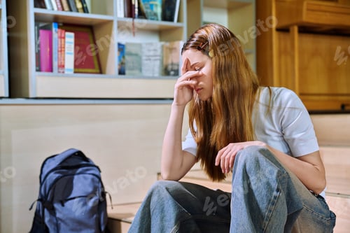 Preview: Upset sad teenage girl high school student sitting on floor in library classroom