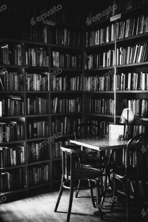 Preview: Interior of a cafe bar with books on walls, black and white picture