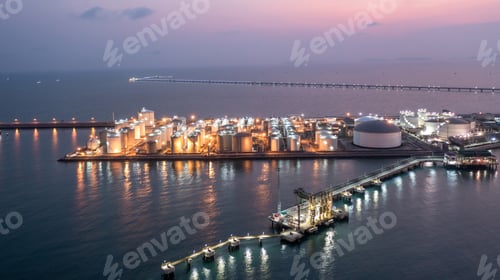 Preview: Aerial view chemical storage tank on sea at oil terminal station at night.