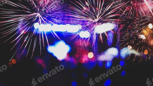 Preview: Vivid Fireworks And Concert Stage At Night On The Beach In Blurred Style For Music, Party, Concert