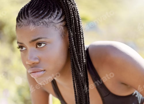 Preview: Running nature, tired motivation and black woman thinking about fitness workout, idea for cardio ex