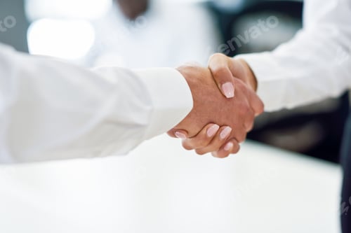 Preview: Caucasian businessman shaking hands with businesswoman in an off