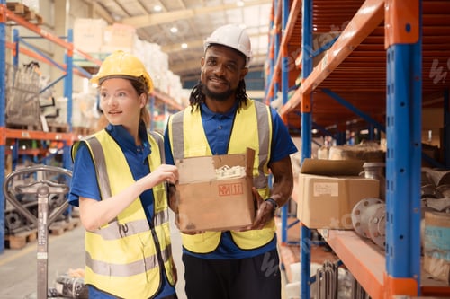 Preview: Young man and woman working together in warehouse,