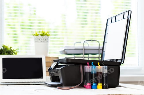 Preview: Printer and computer. Office table