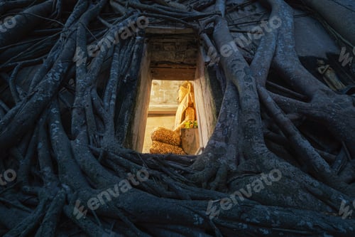 Preview: Buddha statue with brick wall and old tree roots through window in Wat Bang Kung in Samut Songkhram