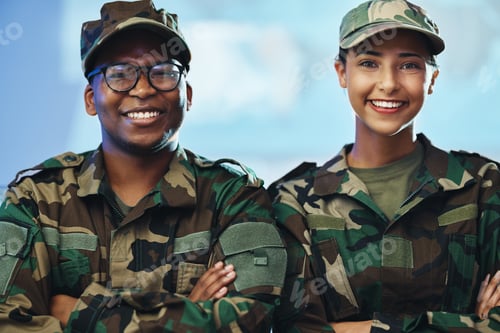 Preview: Teamwork, security and arms crossed with portrait of soldier for military service, veteran and miss