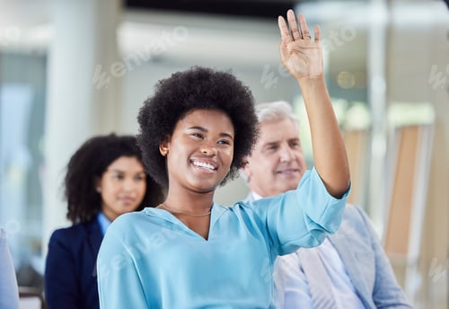 Preview: Black woman, presentation and question in business, answer or FAQ in team meeting from audience in