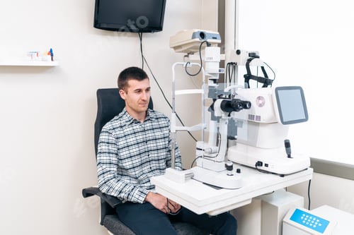 Preview: Man Seated for an Eye Examination at Modern Ophthalmology Clinic