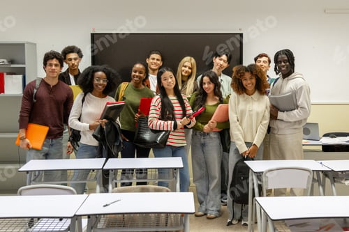 Preview: Diverse students smiling together in a school classroom