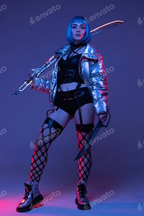 Preview: Cyberpunk woman with sword in silver jacket