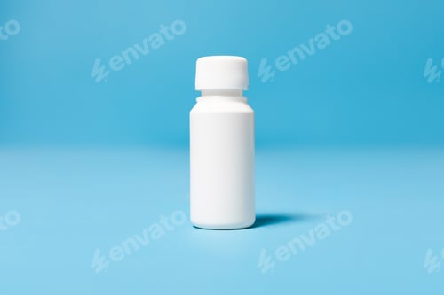 Preview: Closed white bottle of medicinal white plastic 100 ml isolated on blue studio background, mockup