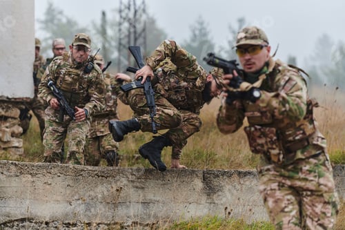 Preview: A highly trained elite military unit, clad in camouflage, skillfully navigates through perilous
