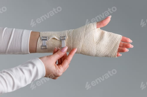 Preview: woman wrapping her painful wrist with elastic supportive orthopedic bandage