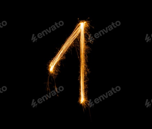 Preview: Fireworks numbers 1 Burning sparkler Numbers isolated on black background. Sparkler firework light