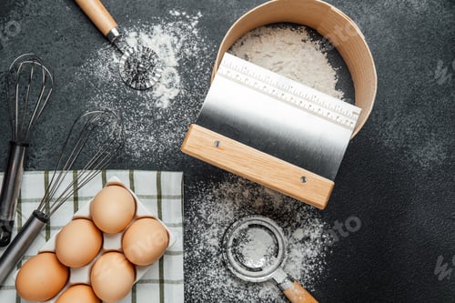 Preview: Baking ingredients including eggs and flour arranged on a kitchen countertop