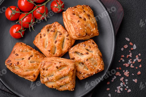 Preview: Delicious crispy mini puffs with sausage or meat with salt, thyme and sesame