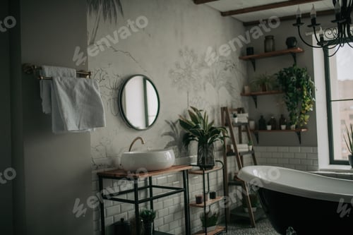 Preview: Luxury interior of eco style modern bathroom with oval bathtub and accessories at natural lighting