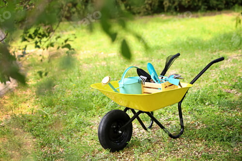 Preview: Wheelbarrow with gardening tools on grass outside. Space for text