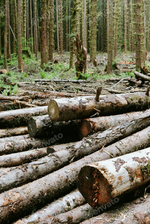 Preview: Recently cut logs of Sitka Spruce and Western Hemlock trees in lush temperate rainforest