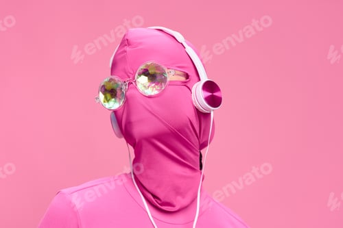 Preview: Portrait of a man wearing a pink full-face incognito mask with headphones and shiny round sunglasses