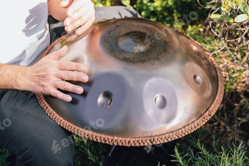 Preview: close-up of hands touching handpan in nature