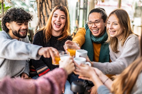 Preview: People talking and having fun together at cappuccino restaurant