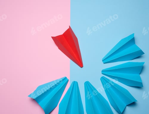 Preview: A group of blue paper boats surrounded one red boat, the concept of bullying, search for compromise