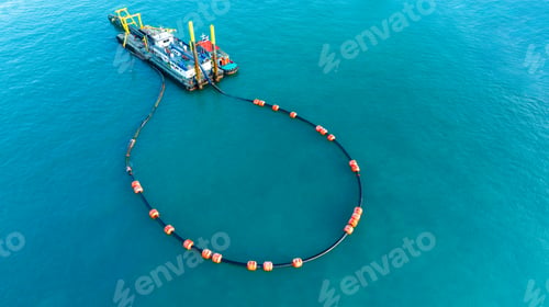 Preview: Boom floating barrier used to contain an oil spill. An offshore vessel performing