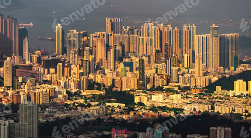 Preview: Hong Kong Downtown, China. Financial district in urban city town in Asia. Skyscrapers buildings.