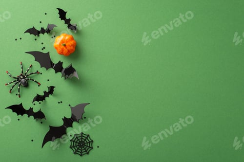 Visualização: Entre em um mundo de magia de Halloween! Vista superior da decoração temática: aranha medonha
, abóbora pequena