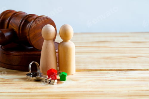 Preview: Divorse property division concept. Wooden family with house and judge gavel
