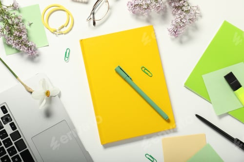 Preview: Flat lay composition with stationery and flowers on white background