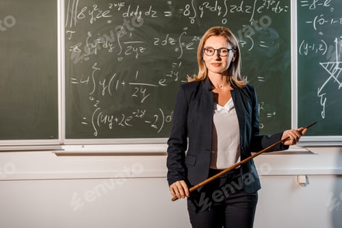 Preview: attractive female teacher with wooden pointer explaining mathematical equations in classroom