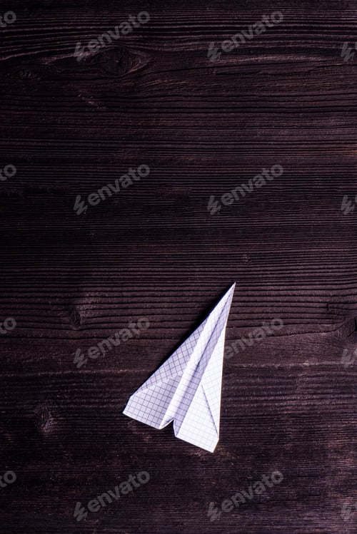 Preview: Wooden board background, textured plank, paper airplane, copy sp