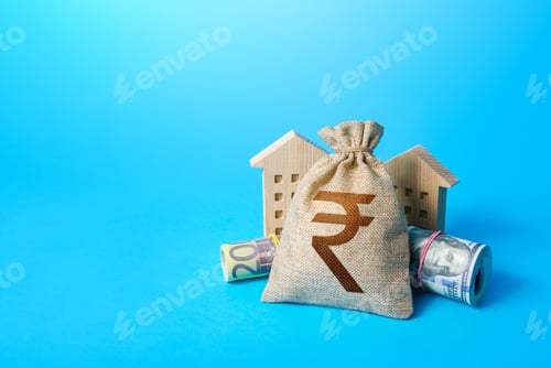 Preview: Houses and indian rupee money bag. Asset