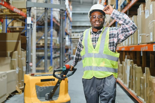 Preview: Portrait of a handsome african american warehouse worker in overalls and a helmet
