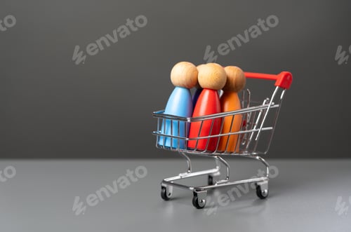 Preview: People in a shopping cart. Marketing, consumerism.