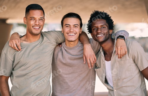 Preview: Friends together, portrait and men outdoor with hug, relax and happy with diversity, smile and free