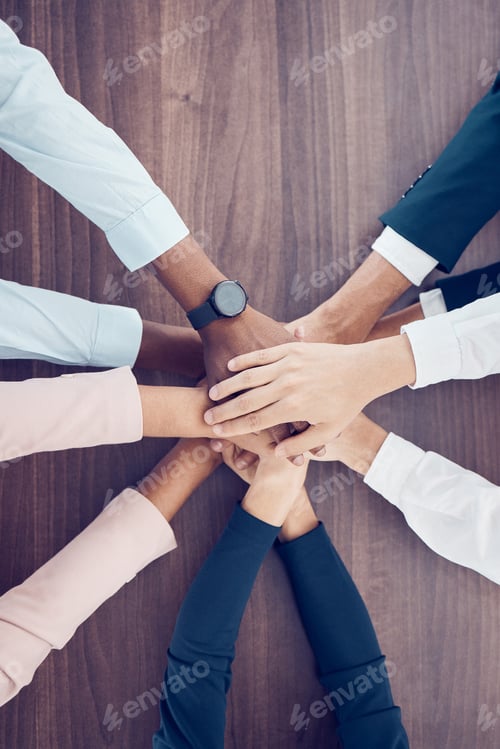 Preview: Teamwork, collaboration and motivation business people hands connect together in office. Group staf