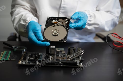 Preview: Hands repairing electronic devices. Electronic technician.