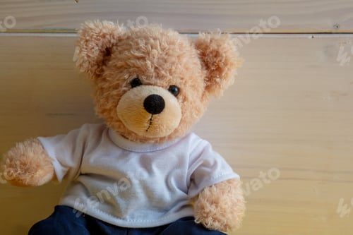 Preview: Teddy bear on white wood wall background, Kid alone concept