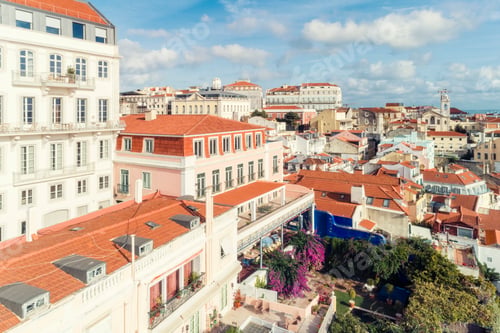 Preview: Aerial view of the skyline and cityscape of the old city of Lisbon in Portugal